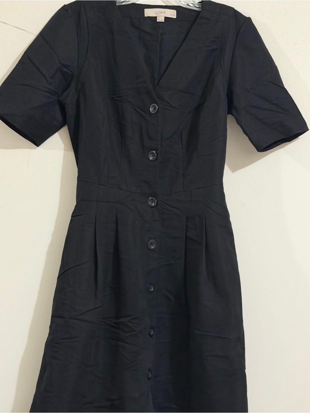 LOFT Black Short-Sleeve Button-Front A-Line Dress